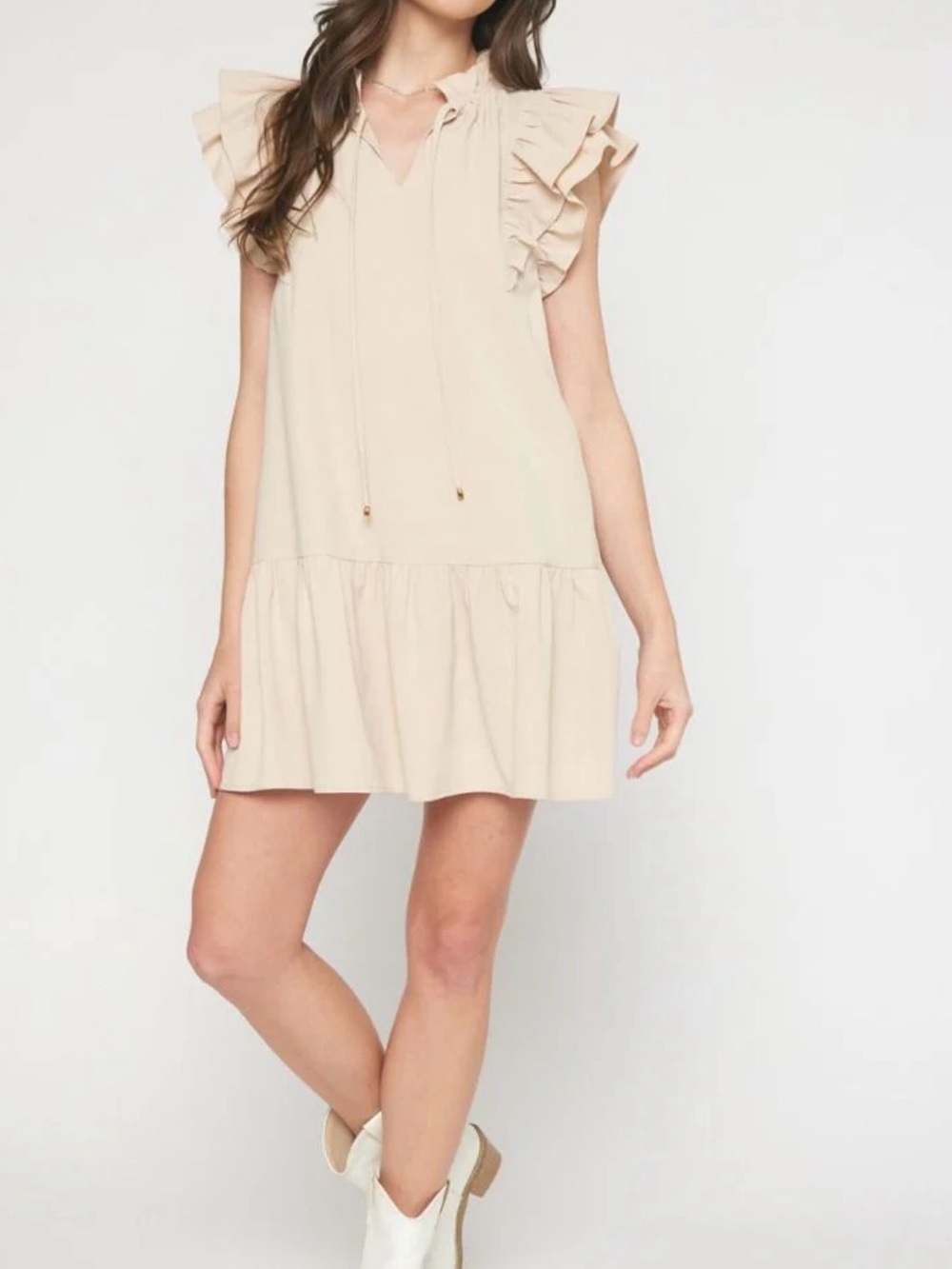 entro Tan Ruffle-Sleeve Split Neck w Tie Tierd Skirt Boho Mini Dress NWOT